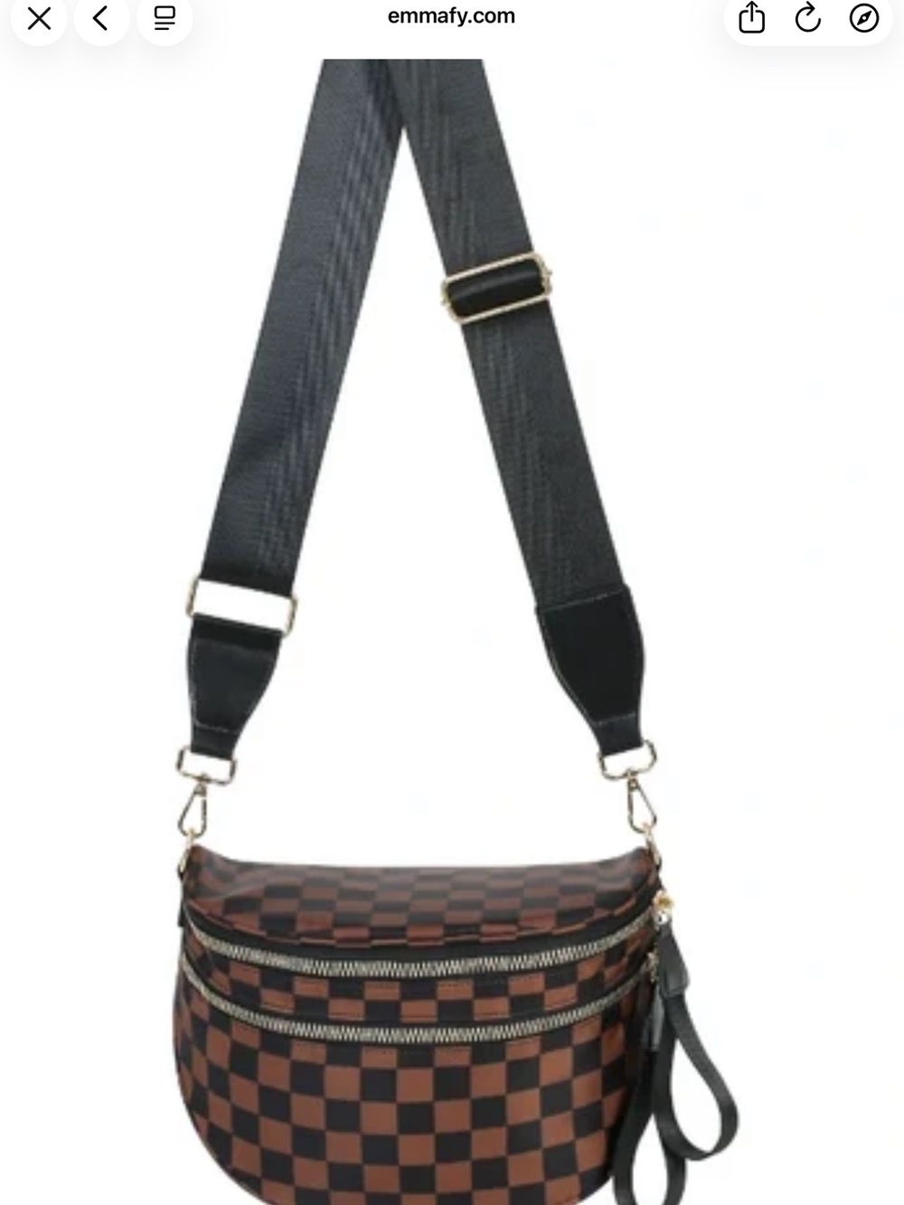 Checkerboard Crossbody Bag with Wide Black Strap - Brown/Black